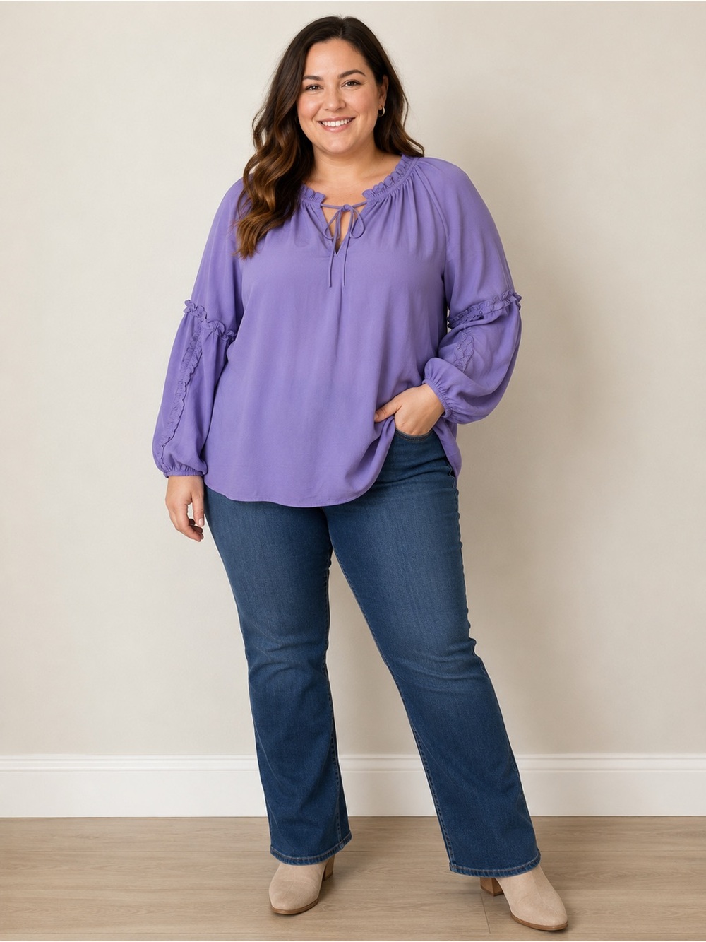 Lane Bryant Purple Peasant Blouse with Tie Neck